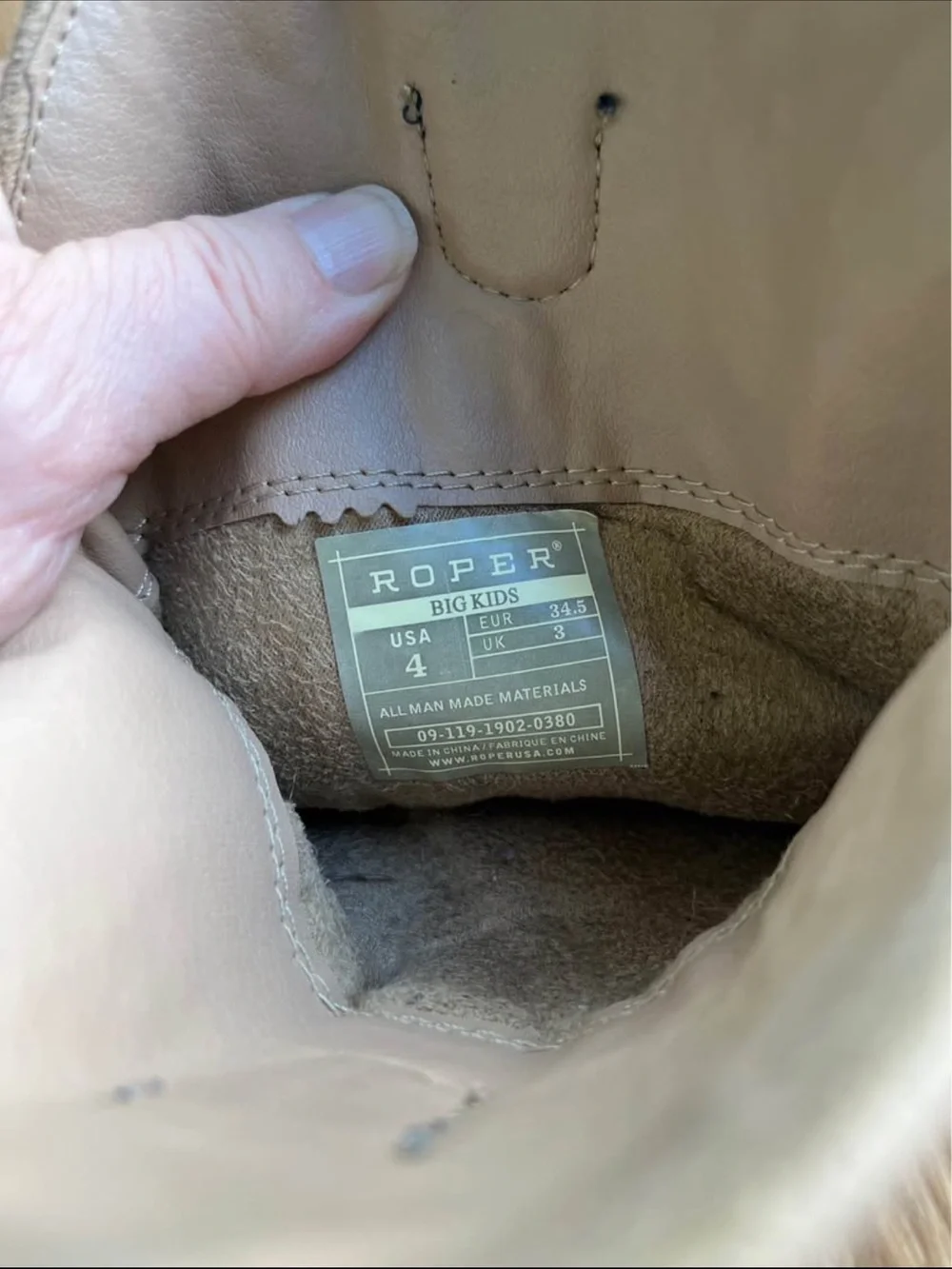 Roper Tan Kids' Boot Interior Label